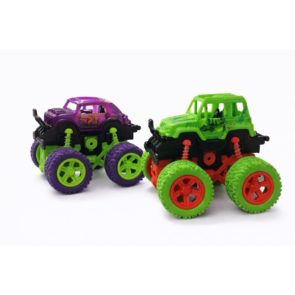 Monster Truck Toy Lot of 2 Green Purple Jeep Style Off Road Vehicles